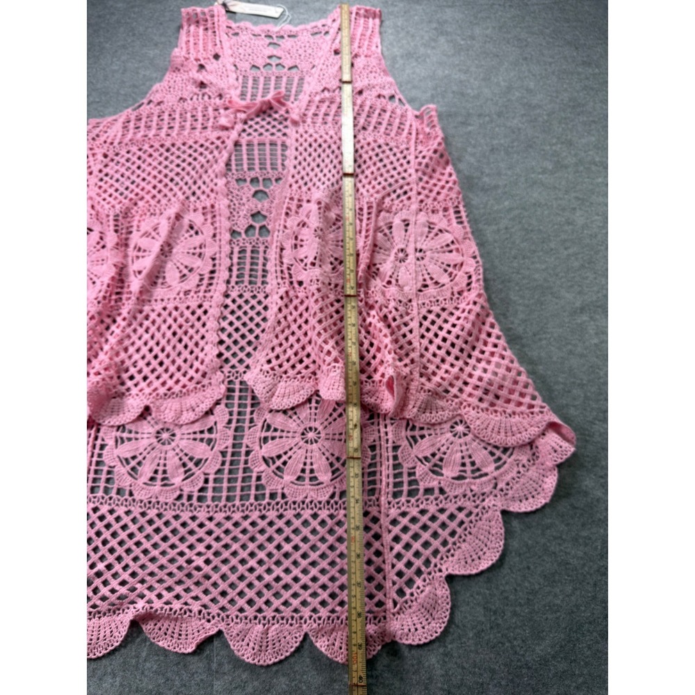 GLEAMISS Crochet Vest Women One Size Pink Boho Open Knit Front Tie Layering - Picture 8 of 11